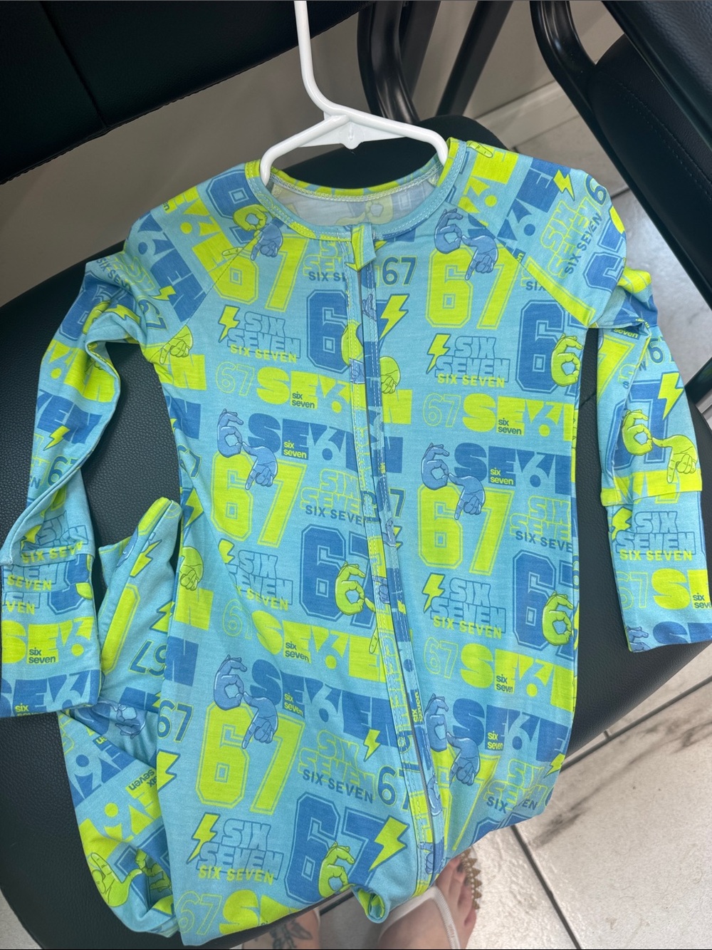 Kids Blue & Neon Green '67' Zip-Front Pajamas